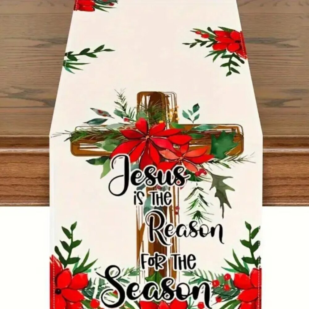 Christmas Poinsettia and Cross Table Runner Linen Look NWT